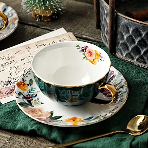 JOYOFUN Green Tea Cup and Saucer,Porcelain Coffee Cup Royal Ceramic Floral Lined Design Teacup with Gold Trim and Spoon,8 oz Vintage China Mug Cup for Latte,Cappuccino,Tea Sets Birthday Gift - color: Green
