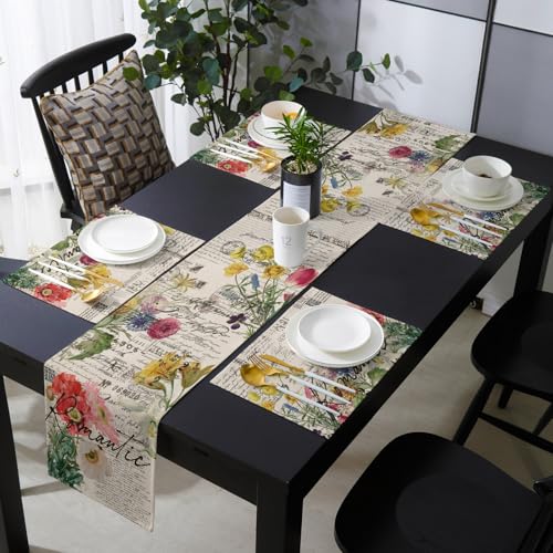 Table Runner and Placemats Set of 4 Flower Floral Decorative Dining Table Runner with Matching Placemats Retro Postmark Table Decor for Kitchen Dining Room and Everyday Use 13x70in - size: 13"x70"+4pcs