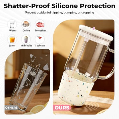 40oz Glass Tumbler with Flip Straw Lid, Handle, Silicone Sleeve, Beige | Leakproof Lid, Fits Car Cup Holder Glass for Iced Coffee, Water, Cold Drinks, Travel, Outdoor, Partys&Home - color: White