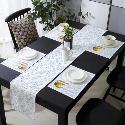 Table Runner and Placemats Set of 6 Blue Floral Decorative Dining Table Runner with Matching Placemats Flower Tree Branch Table Decor for Kitchen Dining Room and Everyday Use 13x90in - size: 13"x90"+6pcs