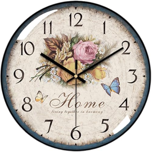 Decorative Wall Clock Battery Operated, 12-Inch Retro Vintage Floral Butterfly Pattern, Glass Dial, Silent Non-Ticking, Roman Numerals, for Living Room Bedroom Office - color: D