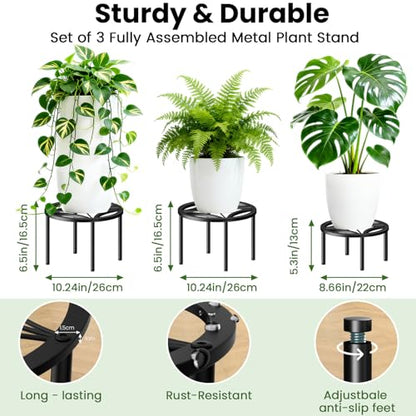 TOSKING 3-Pack Fully Assembled Heavy Duty Low Metal Plant Stand for Indoor & Outdoor – Original Geometric Flower Pot Holder for Heavy Potted Plant, Rustproof Iron Riser with Adjustable Feet, 200 LBS & 150 LBS, No Installation, Black (10.24" & 8.66" Dia) -