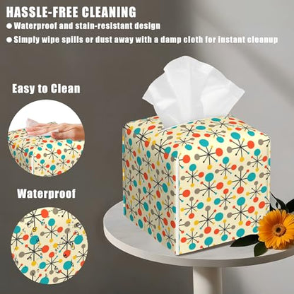 Mid Century Modern Atomic Tissue Box Cover Square, Retro Tissue Box Holder with Bottom Belt Leather Facial Paper Organizer Dispenser for Bathroom Bedroom Dresser Night Stand Tabletop - color: Mid Century Modern Atomic