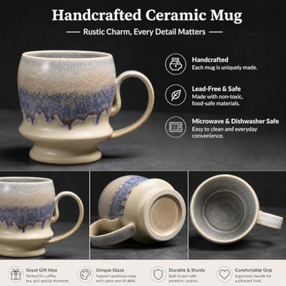 17oz Big Unique Handmade Pottery Coffee Mug with Comfortable Big handle, Reactive Glaze Ceramic Coffee Mug, Artisanal Stoneware Tea Mug,Lead-free Clay, Microwave and Dishwasher safe (White and Blue) - color: White and Blue