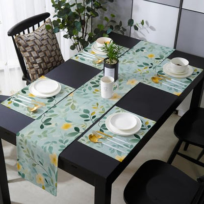 Table Runner and Placemats Set of 6 Flowers Leaves Decorative Dining Table Runner with Matching Placemats Spring Pastoral Table Decor for Kitchen Dining Room and Everyday Use 13x90in - size: 13"x90"+6pcs