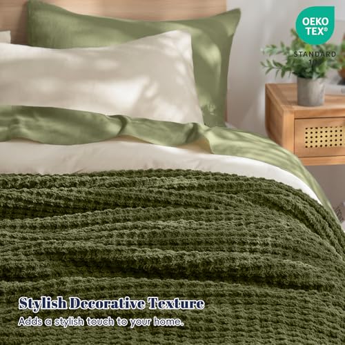 PHF Chenille Waffle Knit Throw Blanket- Plush Warm & Cozy 50" x 60" Ultra Soft Blanket- Chunky Fluffy Waffle Throws for Couch Bed Sofa - Olive Green - color: Olive Green, size: Throw(50"X60")