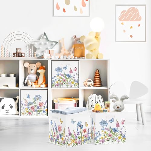 Clastyle 11.8" Flower Storage Basket Set of 3 for Kid Women Toy Clothes Bin | Collapsible Fabric Book Bin, Metal Frame Bottom Board, Cube Organizer, Closet Nursery Pantry Shelf Bedroom, Blue WildPlant - color: Blue Flowers