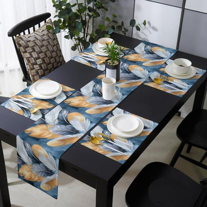Table Runner and Placemats Set of 4 Gold White Feathers Decorative Dining Table Runner with Matching Placemats Blue Painting Table Decor for Kitchen Dining Room and Everyday Use 13x90in - size: 13"x90"+4pcs