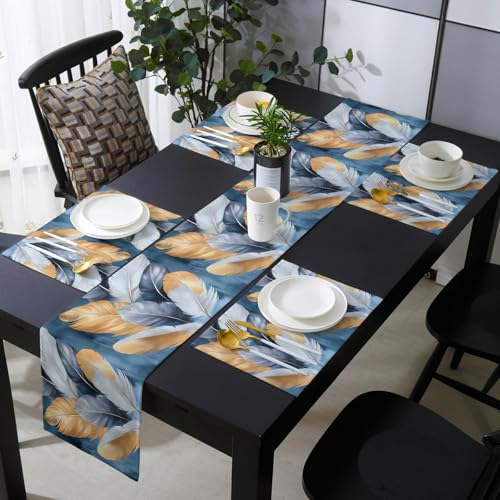 Table Runner and Placemats Set of 6 Gold White Feathers Decorative Dining Table Runner with Matching Placemats Blue Painting Table Decor for Kitchen Dining Room and Everyday Use 13x70in - size: 13"x70"+6pcs