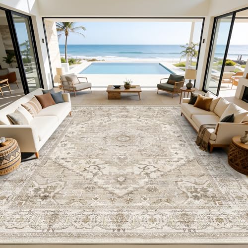 AooHHooA Washable Area Rug 9x12 Soft Stain Resistant Boho Vintage Rugs with Non Slip Backing, Low Pile Lightweight Large Rug for Living Room Bedroom Dining Room - color: Beige 2, size: 9' x 12' (Rectangular)