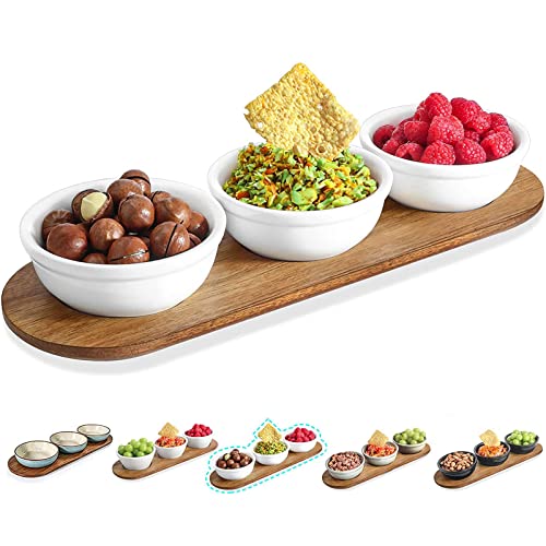 12 oz Solid Ceramic Chip and Dip Serving Set with Acacia Wooden Tray, 5-inch White Dipping Bowls, Small Serving Bowls for Side Dishes, Salsa, Appetizer, Serving Dishes for Entertaining - color: White 2, size: 5 inch