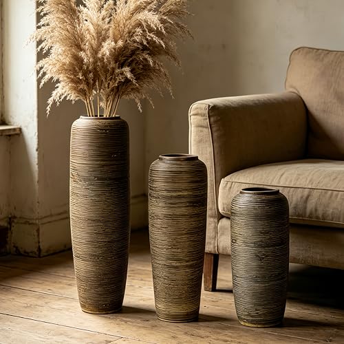 Brown Rustic Ceramic Floor Vase, 15.7 Inch, Ribbed Texture | Living Room, Entryway, Fireplace, Pampas Grass, Dried Branches - size: 15.7 Inch