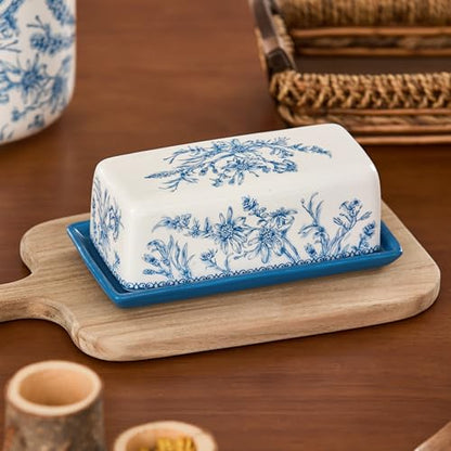 Bico Blue Garden Toile De Jouy Ceramic Butter Dish with Lid, Wide Butter Keeper for Counter, Kitchen Countertop, Microwave and Dishwasher Safe - color: Blue Garden Toile De Jouy