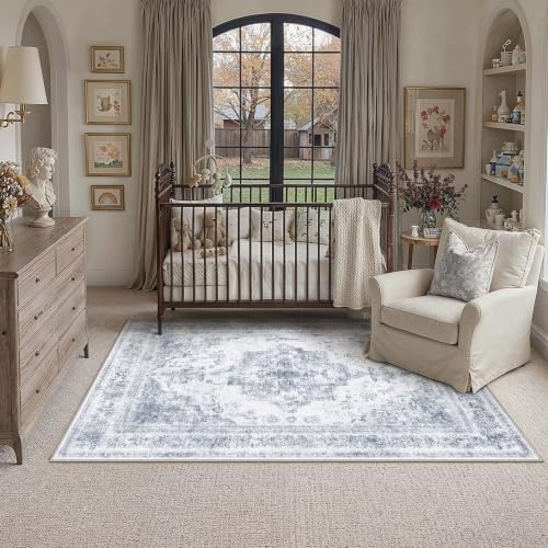 4x6 Washable Area Rug Blue Vintage Distressed Netural Carpet | Non-Slip, Non Shedding, Low Pile, Soft Durable, Medallion Indoor Rug, Entryways, Bedroom, Living Room, Nursery, Home Decor - color: Antique Light Blue, size: 4' x 6' (Rectangular)