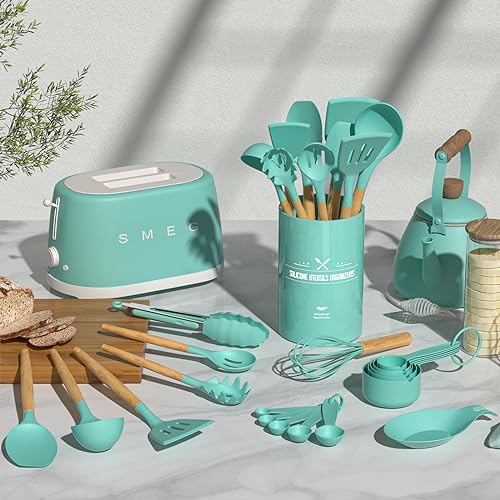 Umite Chef Kitchen Cooking Utensils Set, 24 pcs Non-stick Silicone Cooking Kitchen Utensils Spatula Set with Holder, Wooden Handle Heat Resistant Silicone Kitchen Gadgets Utensil Set (Green) - color: Green