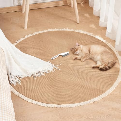 Cat Rug,Premium Cotton Rope Area Rug for Cats,Washable Round Vintage Reversible Woven Tassel Rug,Easy Clean,Soft and Stylish Home Accent,Multiple Sizes (Beige, 18inch) - color: Beige, size: 18inch