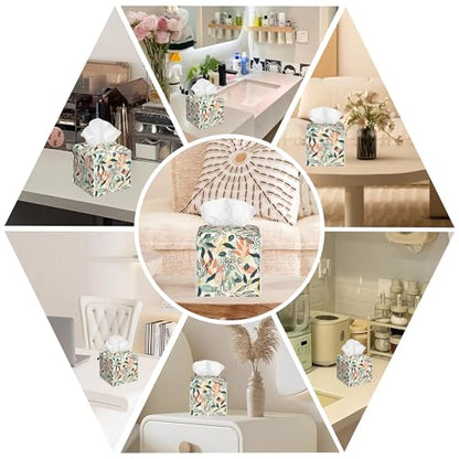 Boho Leaves Tissue Box Cover Square, Tissue Box Holder with Bottom Belt Leather Facial Paper Organizer Dispenser for Bathroom Bedroom Dresser Night Stand Tabletop - color: Boho Leaves