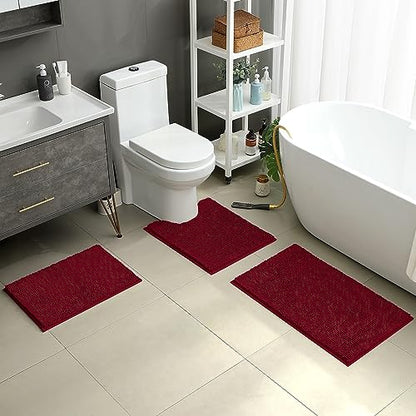 HOMEIDEAS 3 Pieces Bathroom Rugs, Ultra Soft Non Slip Absorbent Chenille Toilet Bath Mat Set (Burgundy) - color: Red-burgundy, size: 17"x24"+20"x32"+U Shape 20"x24"