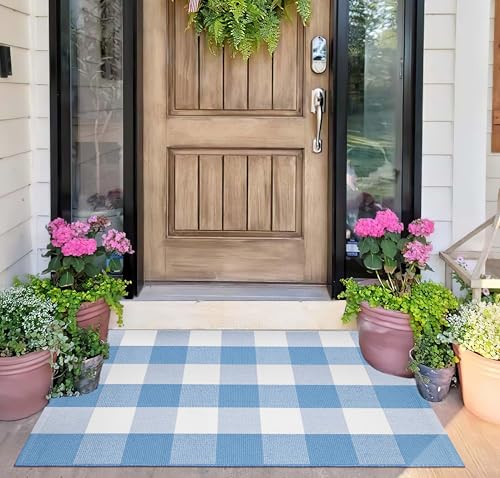 Light Blue and White Layered Doormat 24"x35",Buffalo Plaid Door Mat Outdoor | Cotton Woven Washable Front Porch Rug Farmhouse Layering Rug for Front Entryway Decor - color: Light Blue, size: 24''x 35''