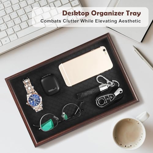 Wooden Valet Tray with Leather Base - Nightstand Catchall Organizer for Cologne, Perfume, Keys, Wallet, Phone, Watch, Jewelry & Sunglasses (Black) - color: Black