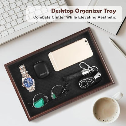 Wooden Valet Tray with Leather Base - Nightstand Catchall Organizer for Cologne, Perfume, Keys, Wallet, Phone, Watch, Jewelry & Sunglasses (Black) - color: Black