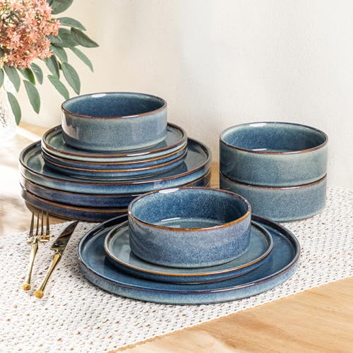 AmorArc Ceramic Dinnerware Sets for 4,12 Piece Plates and Bowls Sets Dishes | Stoneware Handmade Reactive Glaze Dishes Set | Highly Chip and Crack Resistant | Dishwasher & Microwave Safe - color: Ceylon Blue, size: Service for 4