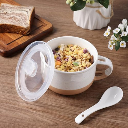 GBhome Ceramic Soup Mugs with Handles and Lids,24 OZ Soup Cups Set of 2 | Terracotta Underside,Mug Bowls with Spoon for Soup/Cereal/Salad/Noodles/Ramen/Microware &Dishwasher Safe-White &Peach - color: White &Peach