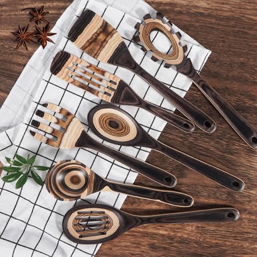 MYRAINBOW Wooden Spoons for Cooking, 7 Piece Pakkawood Kitchen Utensils Set with Spatulas, Spoons, Ladles, and Turner for Mixing, Serving & Cooking - color: Brown