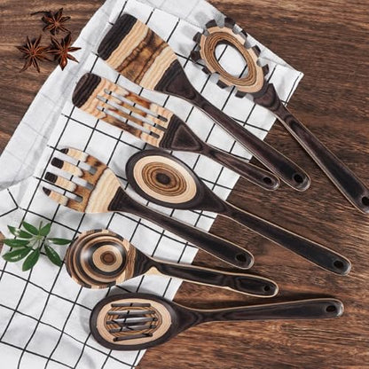 MYRAINBOW Wooden Spoons for Cooking, 7 Piece Pakkawood Kitchen Utensils Set with Spatulas, Spoons, Ladles, and Turner for Mixing, Serving & Cooking - color: Brown