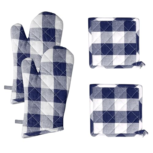 Native Fab Buffalo Plaid Check Oven Mitts and Pot Holders Set of 4, 100% Cotton Heat Resistant Kitchen Gloves, 2 Oven Mitts (7x13), 2 Pot Holders (8x8) for Cooking & Baking, Navy White - color: Buffalo, Navy Blue