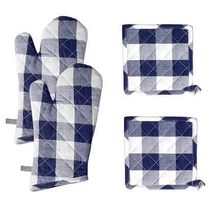 Native Fab Buffalo Plaid Check Oven Mitts and Pot Holders Set of 4, 100% Cotton Heat Resistant Kitchen Gloves, 2 Oven Mitts (7x13), 2 Pot Holders (8x8) for Cooking & Baking, Navy White - color: Buffalo, Navy Blue