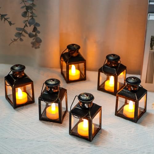 TRIROCKS 6 Pcs Small Metal Candle Lanterns Vintage Hanging House Tealight Lantern Decorative Candle Tea Light Holders for Table Valentine Patio Indoor Outdoor Gifts(Black with Gold Brush) - color: Black
