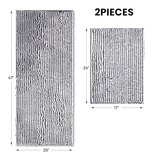 Chenille Bathroom Rugs Set 2 Piece, Absorbent Bath Rugs, Non-Slip Bath Mats, Machine Washable Rugs for Bathroom Floor, Tub and Shower, Grey&White (47 x 20 Plus 17 x 24 - Inch) - color: Gray & White-2