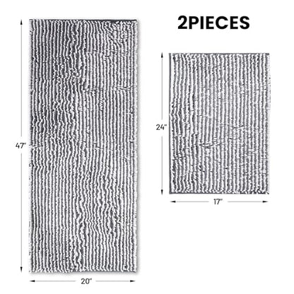 Chenille Bathroom Rugs Set 2 Piece, Absorbent Bath Rugs, Non-Slip Bath Mats, Machine Washable Rugs for Bathroom Floor, Tub and Shower, Grey&White (47 x 20 Plus 17 x 24 - Inch) - color: Gray & White-2