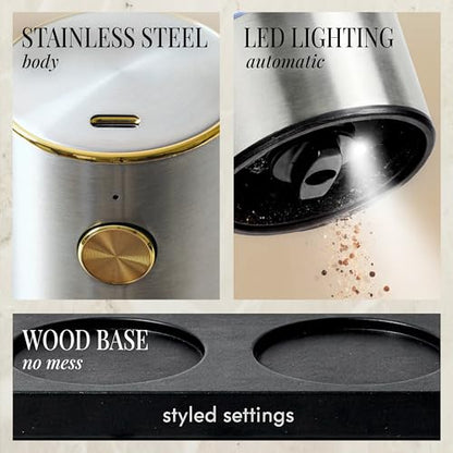 Styled Settings Electric Salt and Pepper Grinder Set Rechargeable, Silver | Electric Salt and Pepper Shaker Set with USB-C Port, LED Light, Adjustable Coarseness, One Touch Control, Automatic Grinder - color: Silver
