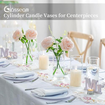 Glasseam Cylinder Vases for Centerpieces, 6Pcs Clear Glass Vase for Flowers | Hurricane Pillar, Floating Candle Holder, Modern, Small Home Decorations, Table Centerpieces, Wedding, Party, 8In - size: 8In
