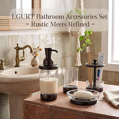 LGURT 4pc Coffee Brown Clear Plastic Bathroom Accessories Set | Soap dispenser, toothbrush holder, soap dish, cup. vintage modern style. Fits vanity, dorm, gift-ready.