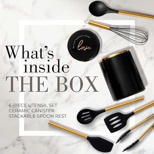 Styled Settings Black and Gold Kitchen Utensils Set with Holder, 8-Piece | Heat Resistant, Nonstick, Black Silicone Cooking Utensils Set, Ceramic Utensil Holder & Stackable Gold Spoon Rest - color: 8PC Black & Gold
