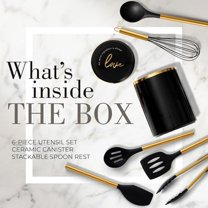 Styled Settings Black and Gold Kitchen Utensils Set with Holder, 8-Piece | Heat Resistant, Nonstick, Black Silicone Cooking Utensils Set, Ceramic Utensil Holder & Stackable Gold Spoon Rest - color: 8PC Black & Gold