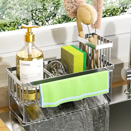 Cisily Kitchen Sink Caddy Organzier with High Brush Holder, Sponge Holder for Sink, 304 Rustproof Stainless, Kitchen Countertop Soap Dispenser Organizer (Silver With Towel Rack, 9.25″) - color: Silver With Towel Rack, size: 9.25″