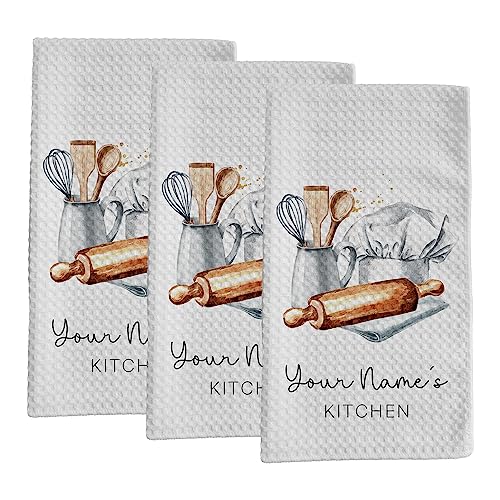 Personalized Kitchen Towel | Custom Tea Towel | Watercolor Utensil Dish Towel | Kitchen Decor | Hand Towel Gift Set | Waffle Weave Dishcloth (Pack of 3 Towels, Design 3) - size: Pack of 3 Towels, style: Design 3