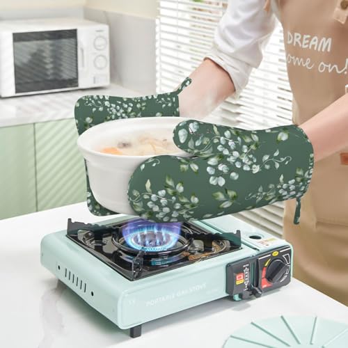 Sage Green Eucalyptus Oven Mitts and Pot Holders Sets for Kitchen Silicone Watercolor Leaves Branches and Holly Leaves Oven Gloves Oven Mitts with 2 Non-Slip Pads Kitchen Gloves for Cooking - color: Sage Green