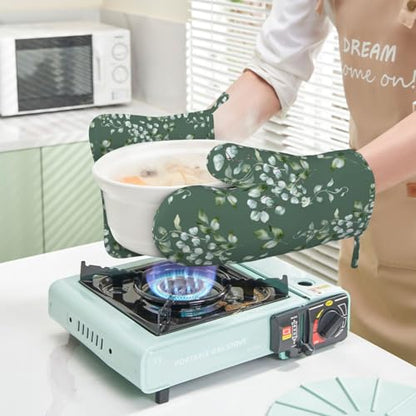Sage Green Eucalyptus Oven Mitts and Pot Holders Sets for Kitchen Silicone Watercolor Leaves Branches and Holly Leaves Oven Gloves Oven Mitts with 2 Non-Slip Pads Kitchen Gloves for Cooking - color: Sage Green