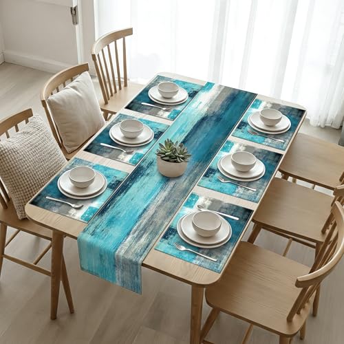 Teal and Gray Table Runner and Placemats Set of 6 Farmhouse Washable Linen Place Mats Rustic Abstract Art Table Decor for Kitchen Dining Coffee Outdoor Party(Teal and Gray, 13"x71"+12"x18") - color: Teal and Gray