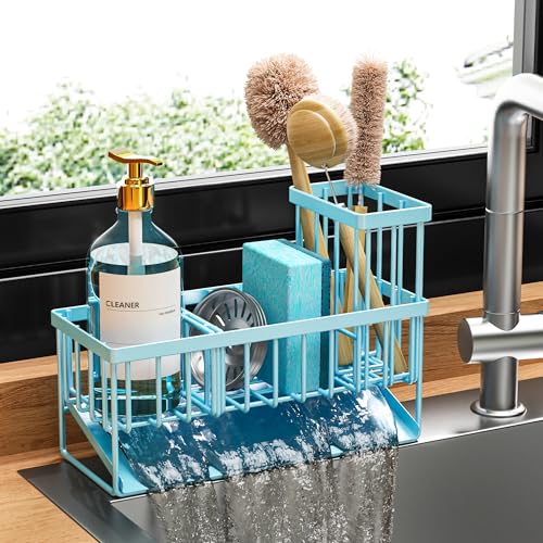 Cisily Blue Kitchen Sink Caddy Organzier with High Brush Holder, Sponge Holder for Sink, 304 Rustproof Stainless, Kitchen Countertop Soap Dispenser Organizer, Blue Home Decor and Accessories - color: Blue, size: 9.25″
