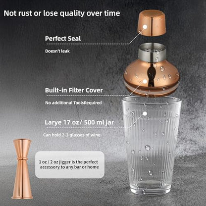 Cocktail Shaker Set - Bartender Shaker Kit with Mixing Tools & Stainless Steel Strainer, Premium Bar Tool Set for Crafting Martinis & Whiskey Cocktails (Rosegold) - color: Rose Gold Set