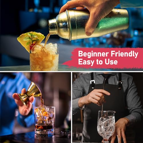 24oz Cocktail Shaker Set Martini Shaker Set Bartender Set | Professional 18/8 Stainless Steel Bar Tools with Margarita Mixer Drink Shaker, Measuring Jigger and Mixing Spoon (Gold) - color: Gold