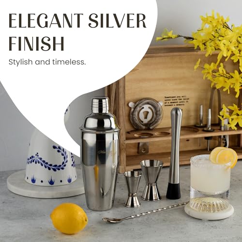 Mixology & Craft Rustic Cocktail Shaker Set – Includes Wood Stand, Complete Barware Kit with 24 Oz Shaker, Dual Jiggers, Pourers, Muddler, Strainer – Perfect for Home Bartenders (Silver) - color: Silver