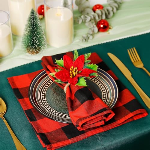 wonlex Flower Napkin Rings Set of 12, Farmhouse Red Green Napkin Rings Holder Buckle for Xmas Mother's Day Dinner Parties Wedding Table Setting(Red Flower) - style: Xmas Flower