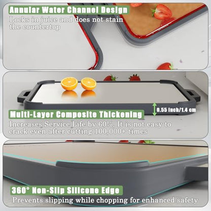 Titanium Cutting Board for Kitchen, Double Sided Pure Titanium & Wood Fiber | Non‑Slip Platinum Silicone Edge, Juice Groove, for Chopping Meat/Vegetables/Fruit Dishwasher Safe, 16"×11"